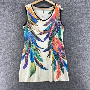 Poliana Dress Women 2X Plus White Feather Print Sheath Short Sleeveless Rayon